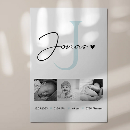 Magnetposter Fotoboard zur Geburt mit Geburtsdaten und Babyfotos im Black-and-White-Design 1