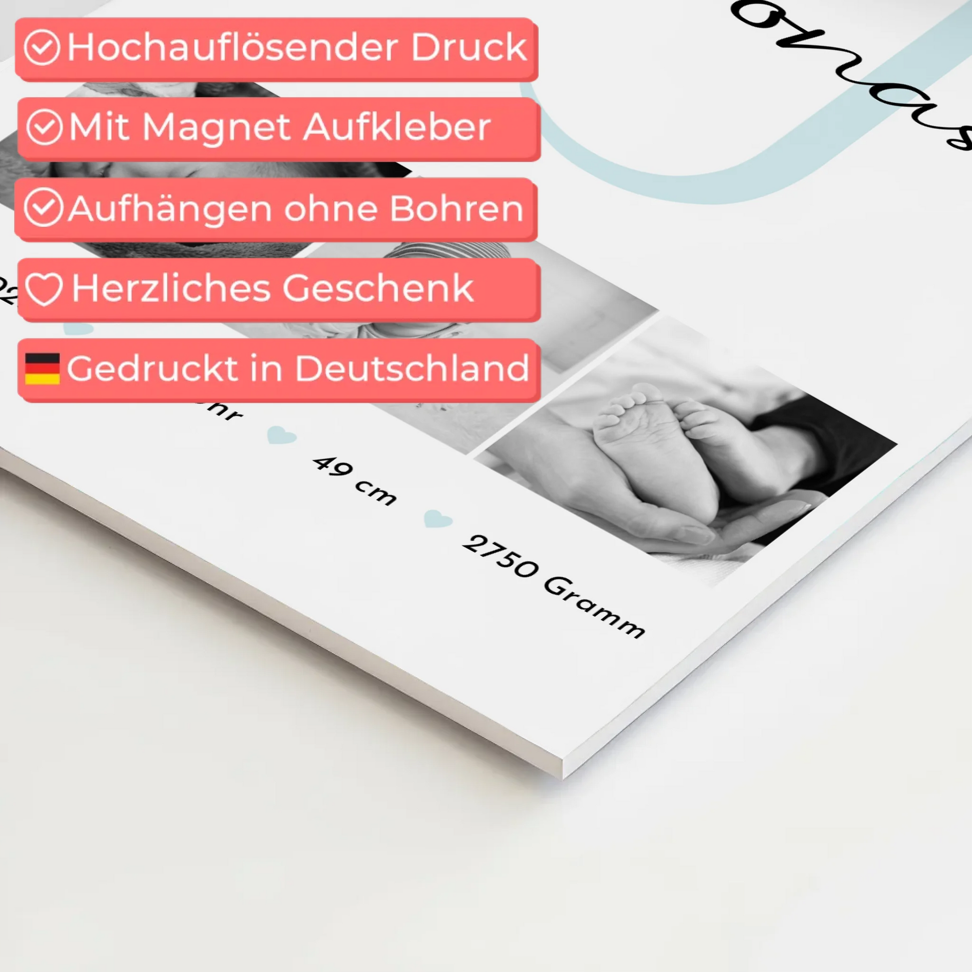 Magnetposter Fotoboard zur Geburt mit Geburtsdaten und Babyfotos im Black-and-White-Design 4