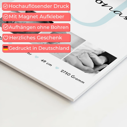 Magnetposter Fotoboard zur Geburt mit Geburtsdaten und Babyfotos im Black-and-White-Design 4