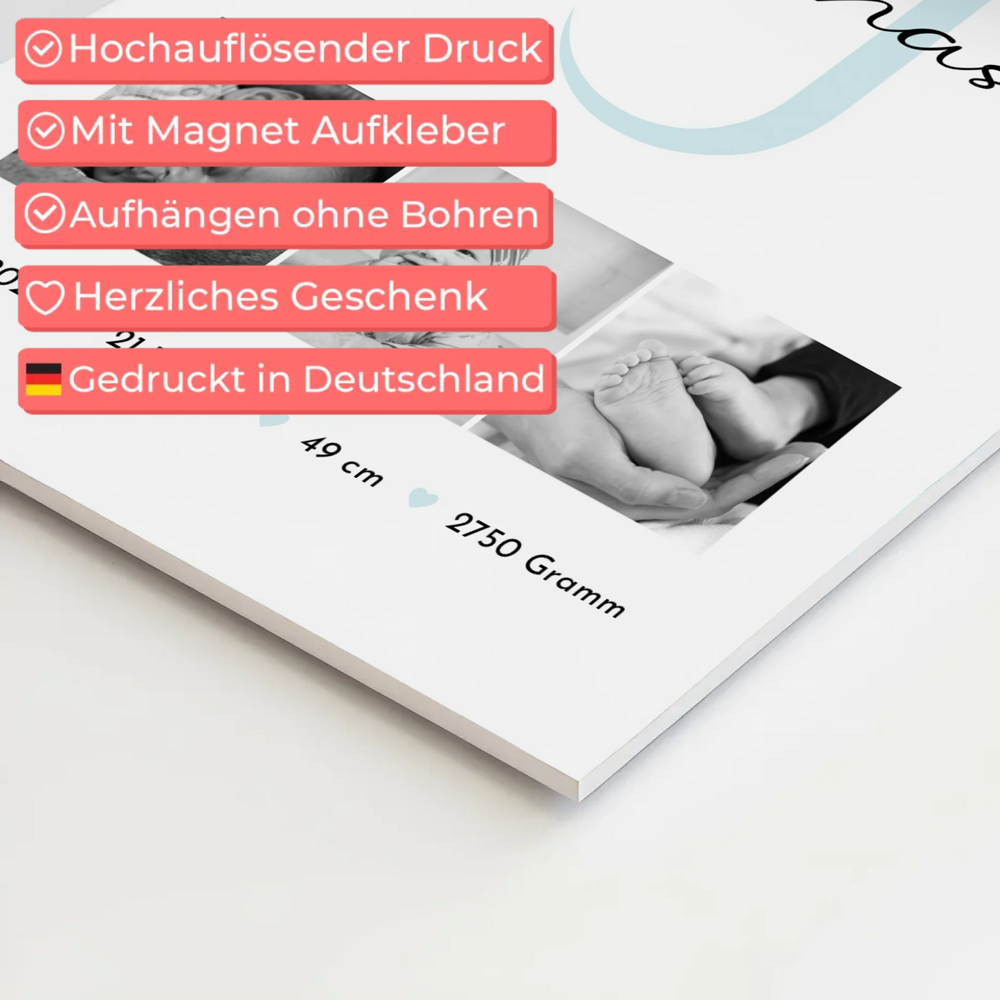 Magnetposter Fotoboard zur Geburt mit Geburtsdaten und Babyfotos im Black-and-White-Design 10