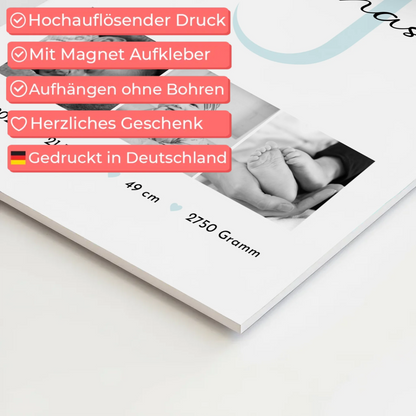Magnetposter Fotoboard zur Geburt mit Geburtsdaten und Babyfotos im Black-and-White-Design 10