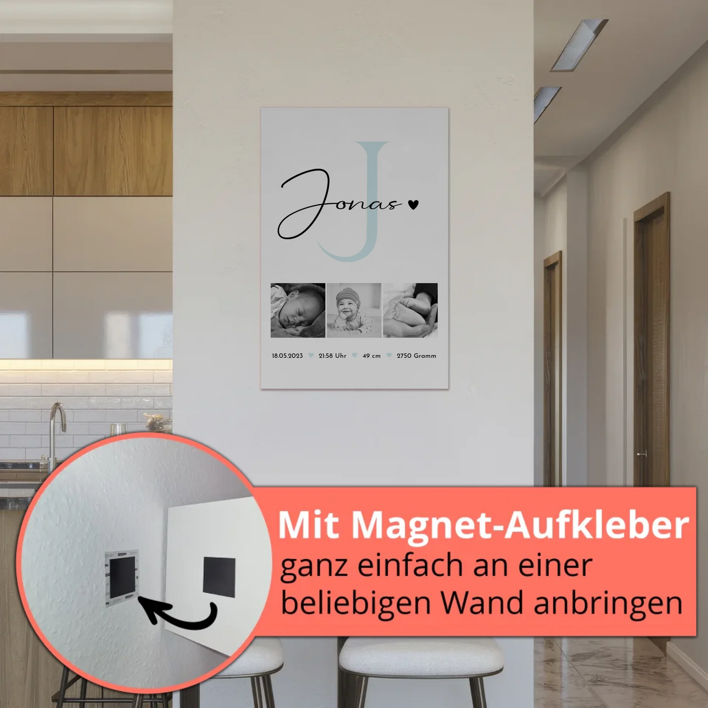 Magnetposter Fotoboard zur Geburt mit Geburtsdaten und Babyfotos im Black-and-White-Design