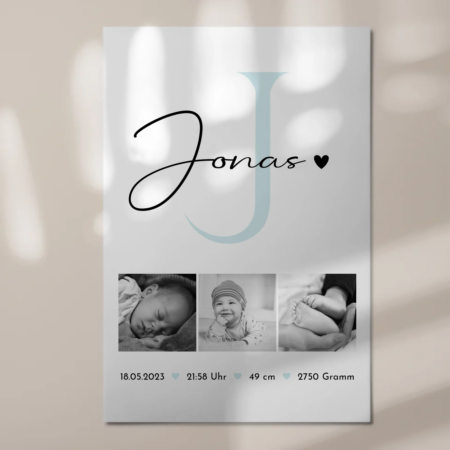 Magnetposter Fotoboard zur Geburt mit Geburtsdaten und Babyfotos im Black-and-White-Design