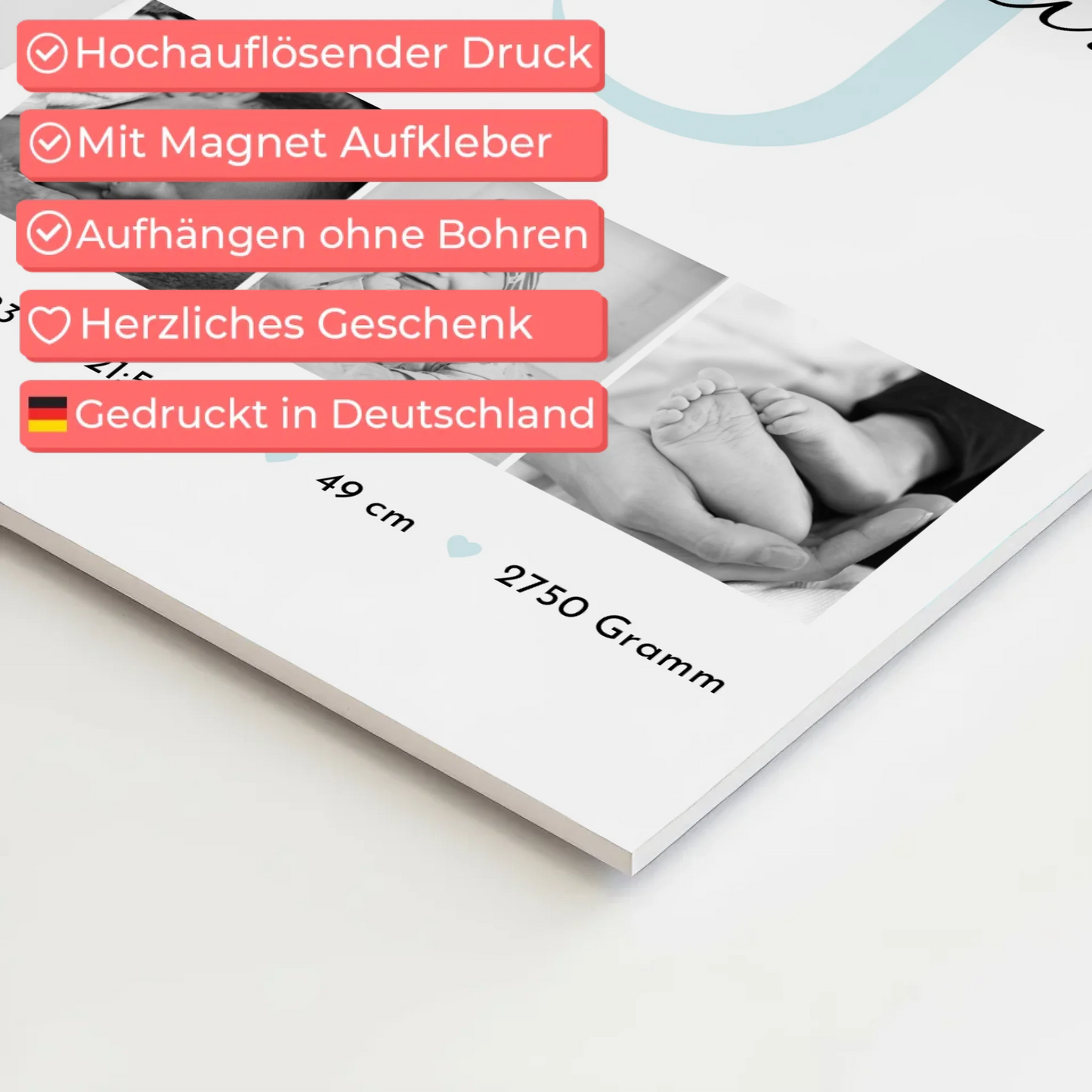 Magnetposter Fotoboard zur Geburt mit Geburtsdaten und Babyfotos im Black-and-White-Design