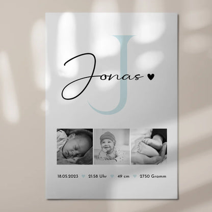 Magnetposter Fotoboard zur Geburt mit Geburtsdaten und Babyfotos im Black-and-White-Design