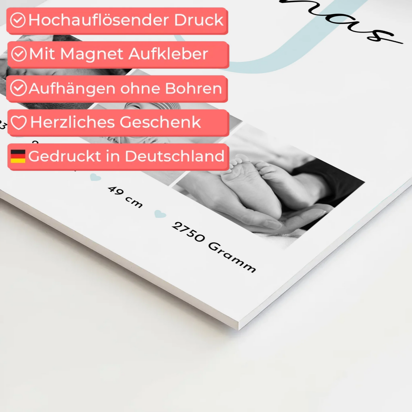 Magnetposter Fotoboard zur Geburt mit Geburtsdaten und Babyfotos im Black-and-White-Design