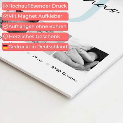 Magnetposter Fotoboard zur Geburt mit Geburtsdaten und Babyfotos im Black-and-White-Design