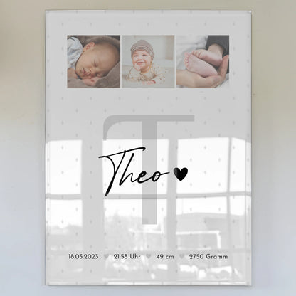 Foto Mit Acrylglas zur Geburt Baby Fotocollage mit Geburtsdaten Rauten Muster 1