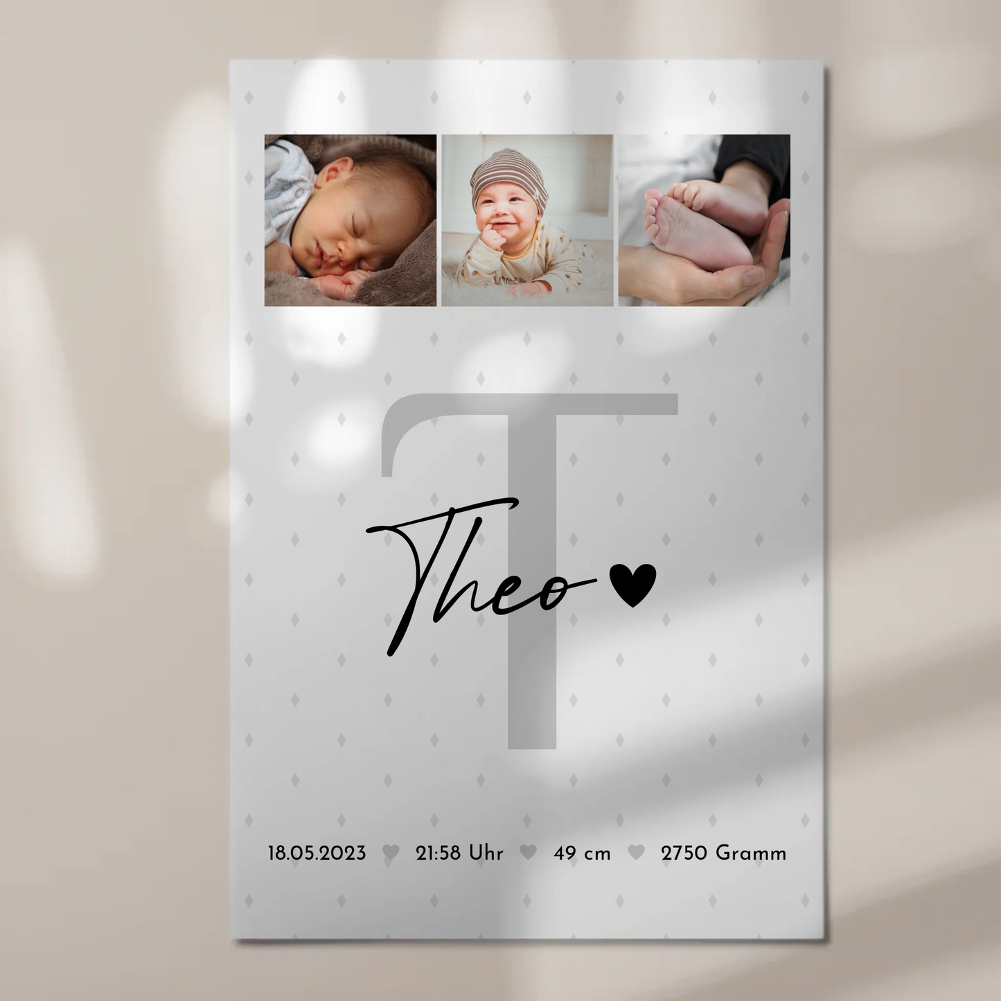 Magnetposter Fotoboard Geburt Baby Fotocollage mit Geburtsdaten Rauten Muster 1