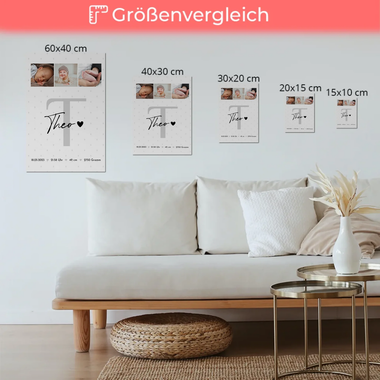 Magnetposter Fotoboard Geburt Baby Fotocollage mit Geburtsdaten Rauten Muster