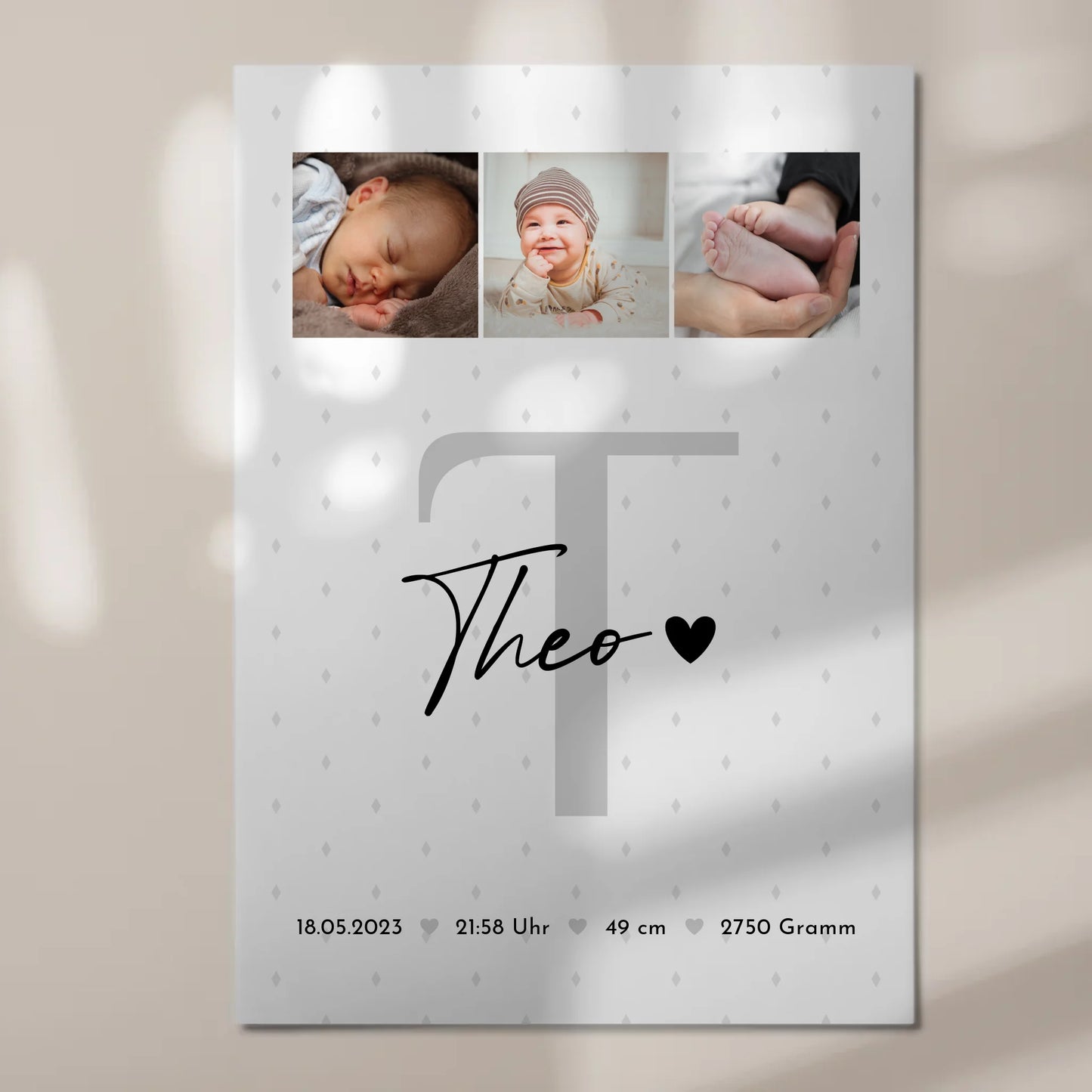 Magnetposter Fotoboard Geburt Baby Fotocollage mit Geburtsdaten Rauten Muster