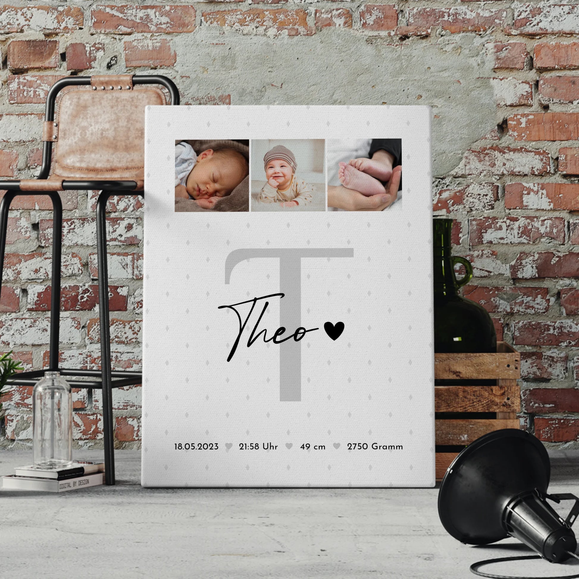 Wandbild Fotocollage zur Geburt Baby mit Geburtsdaten und Rauten Muster 4