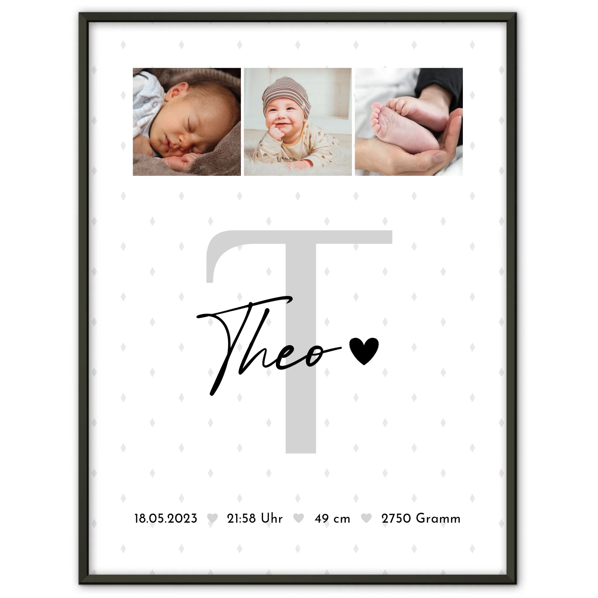 Poster Geburtsdaten Baby Fotocollage mit Rauten Muster zur Geburt personalisiert 1