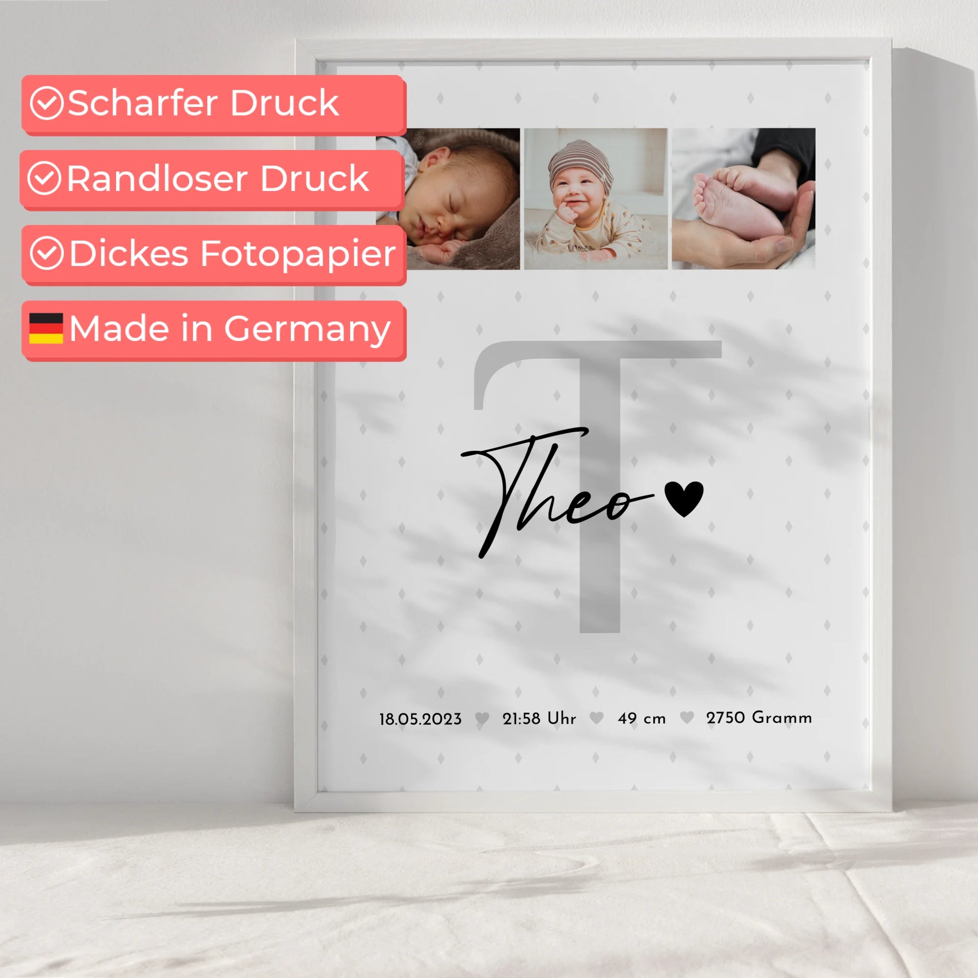 Poster Geburtsdaten Baby Fotocollage mit Rauten Muster zur Geburt personalisiert 6