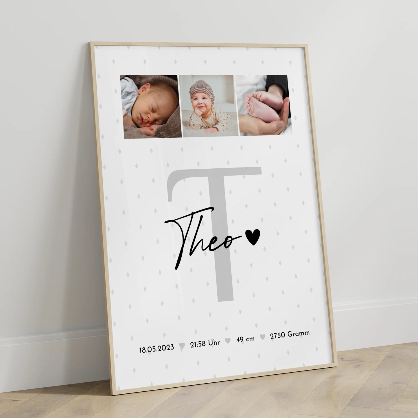 Poster Geburtsdaten Baby Fotocollage mit Rauten Muster zur Geburt personalisiert 3