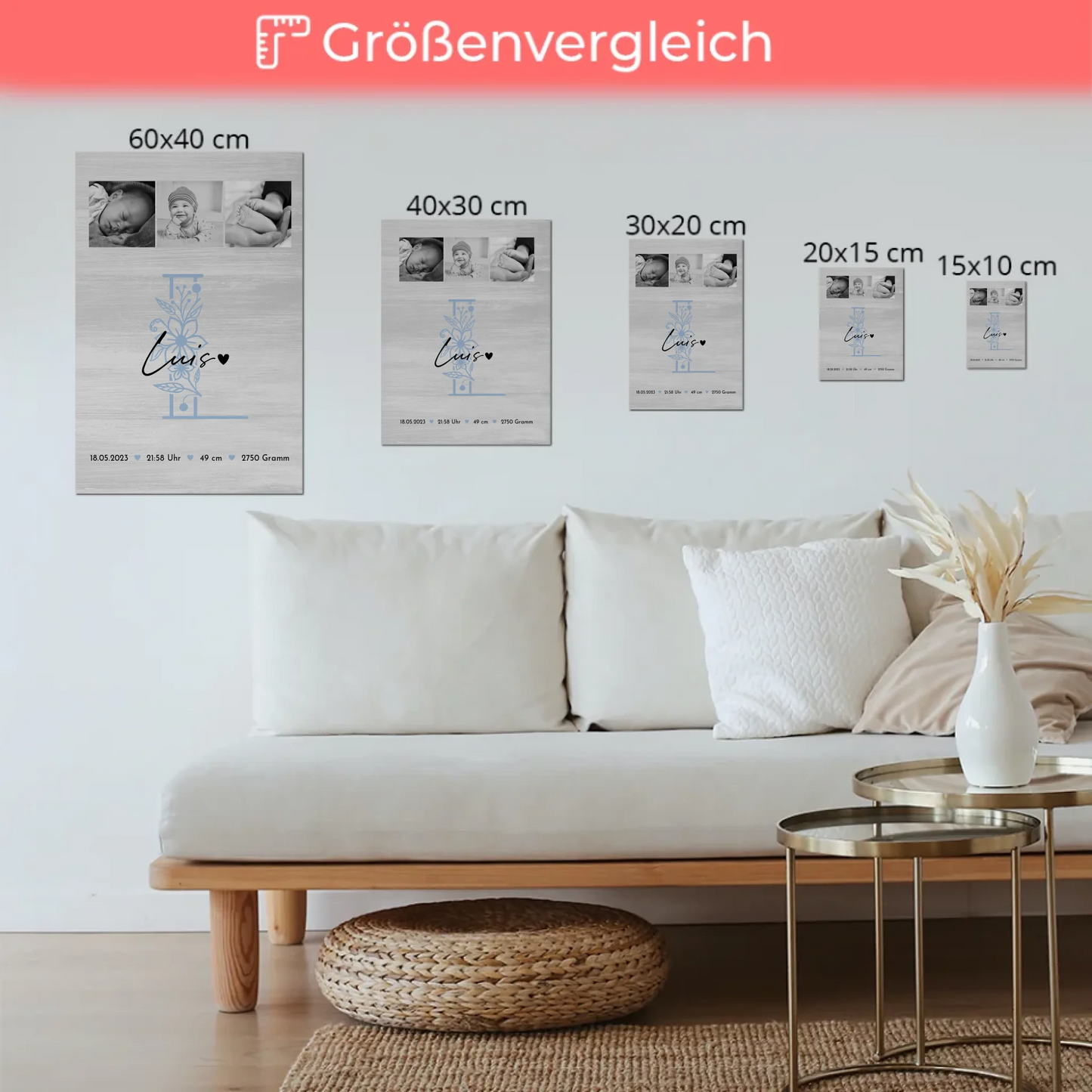 Fotoboard Magnet Poster Geburt Baby 9 Fotos Geburtsdaten Black and White