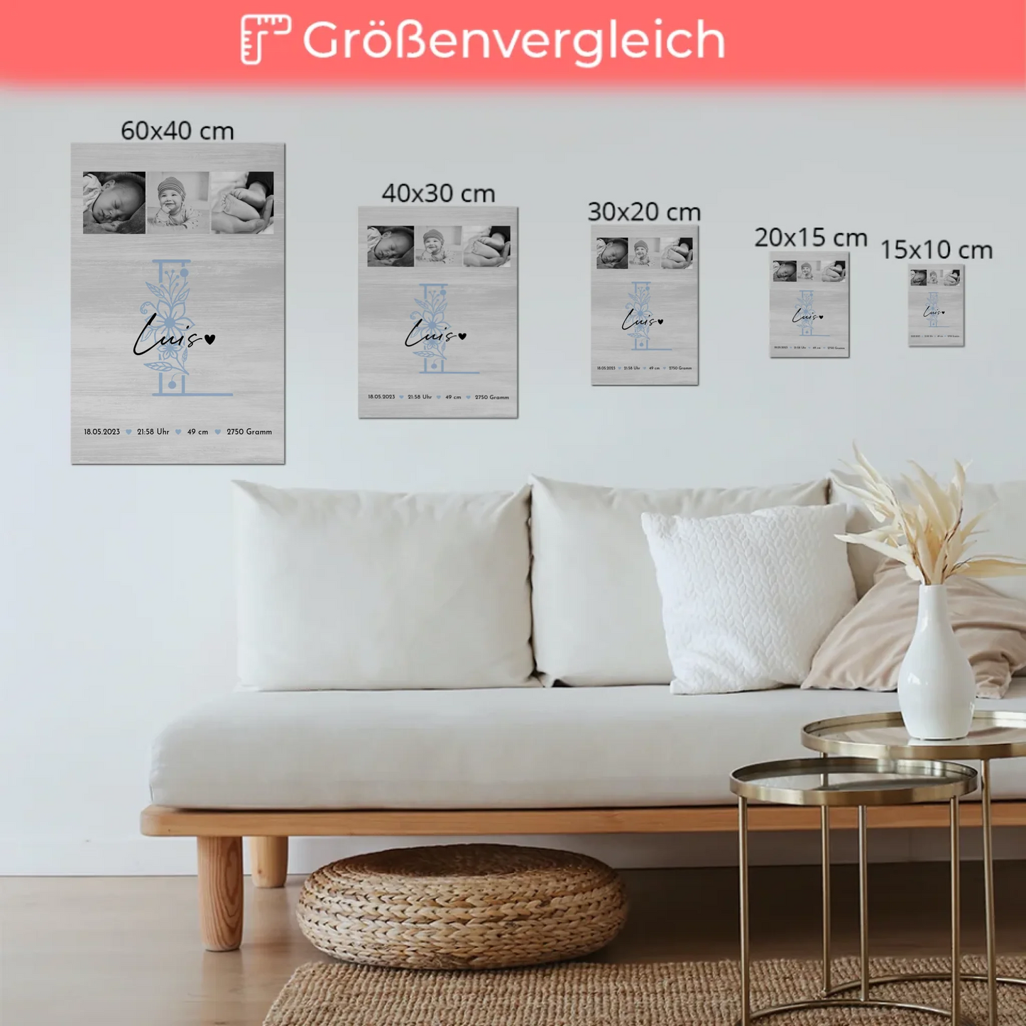 Fotoboard Magnet Poster Geburt Baby 9 Fotos Geburtsdaten Black and White
