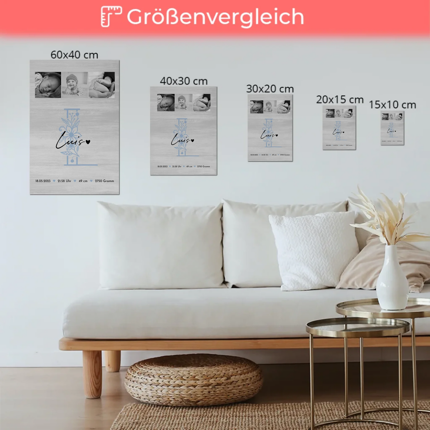 Fotoboard Magnet Poster Geburt Baby 9 Fotos Geburtsdaten Black and White