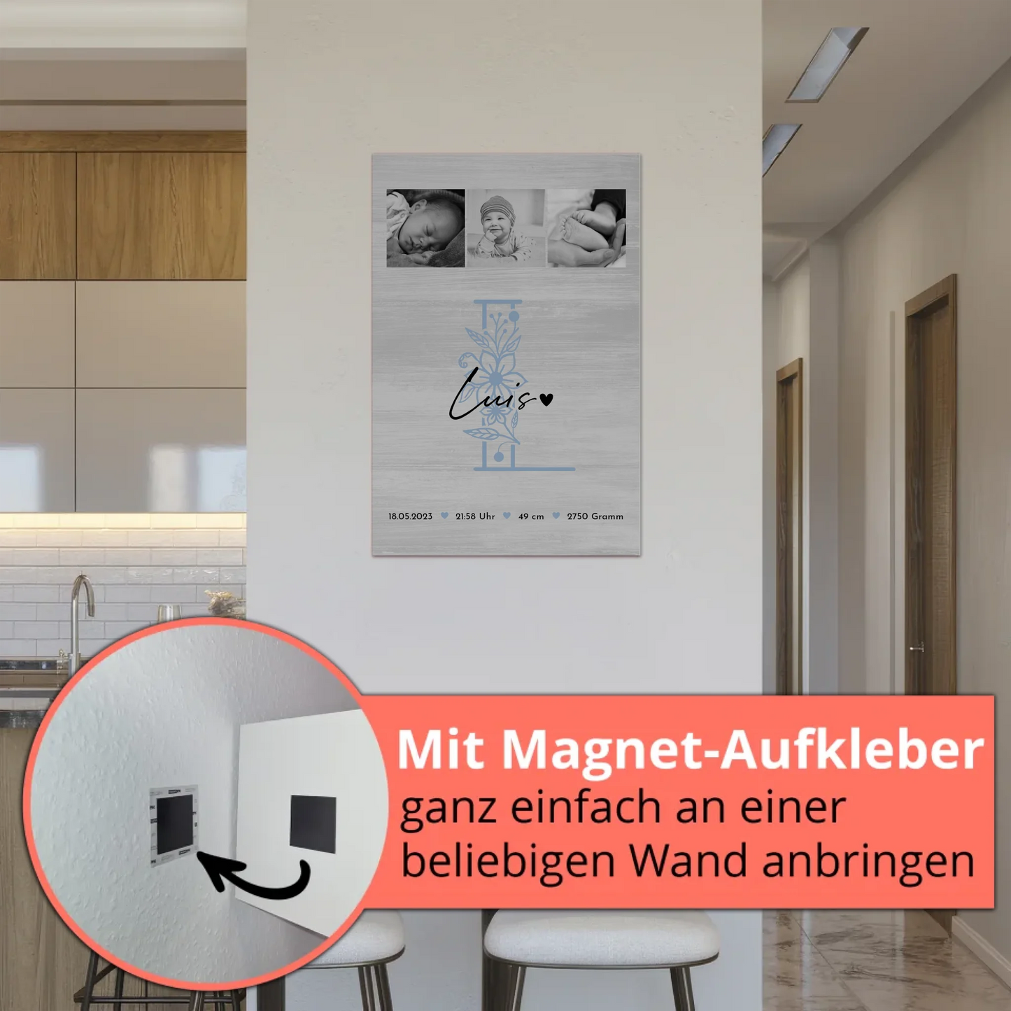Fotoboard Magnet Poster Geburt Baby 9 Fotos Geburtsdaten Black and White