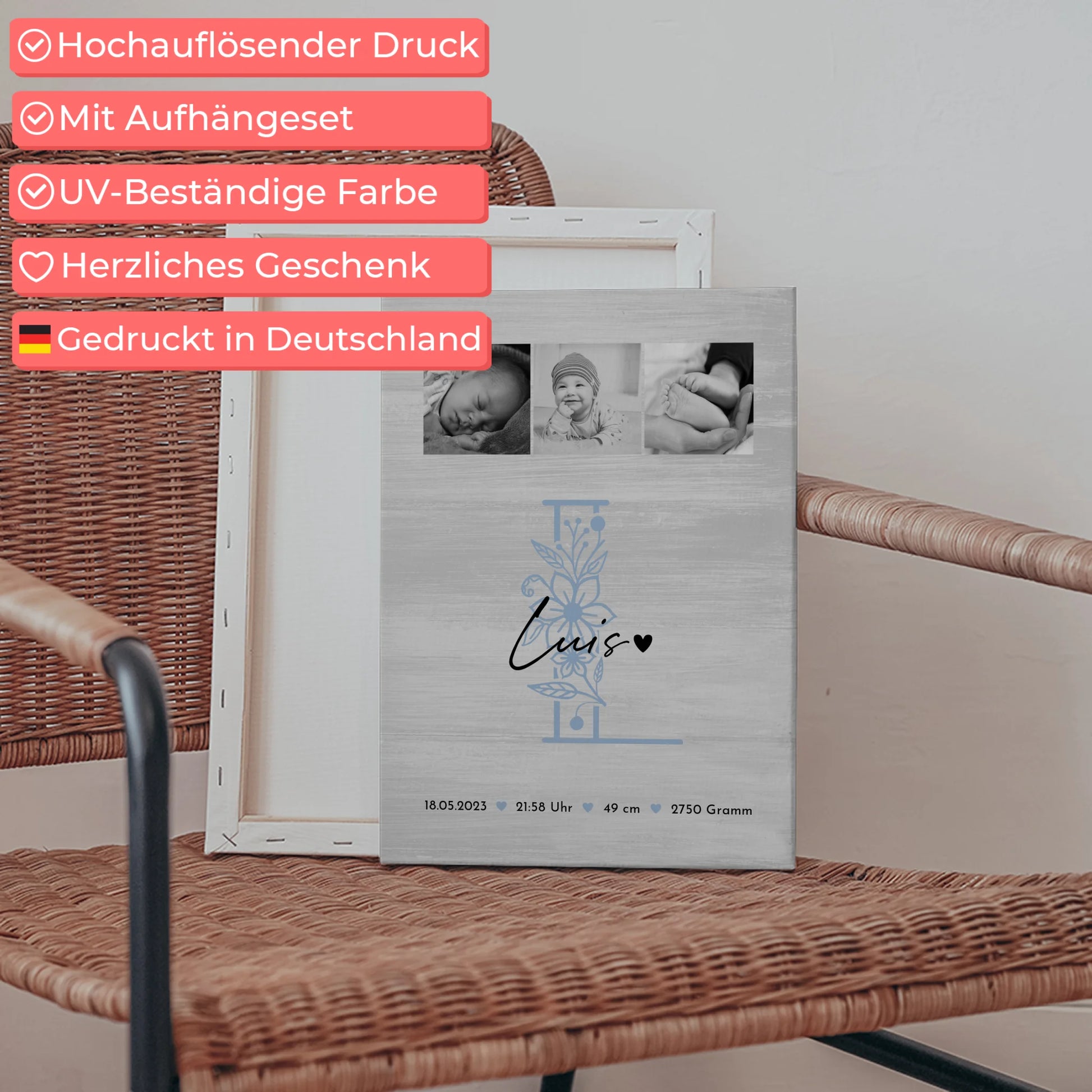 Personalisierte Leinwand zur Geburt Baby 9 Fotos Geburtsdaten Black White 5