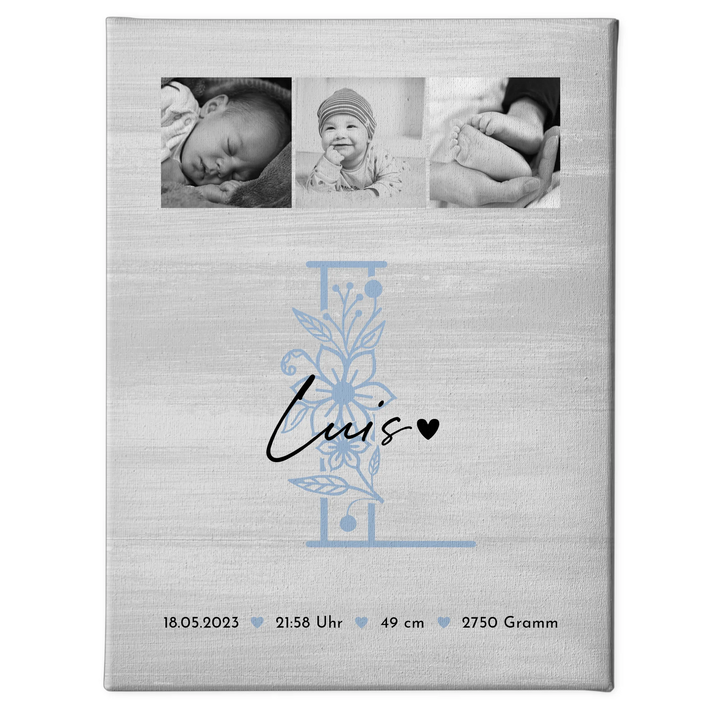 Personalisierte Leinwand zur Geburt Baby 9 Fotos Geburtsdaten Black White 1