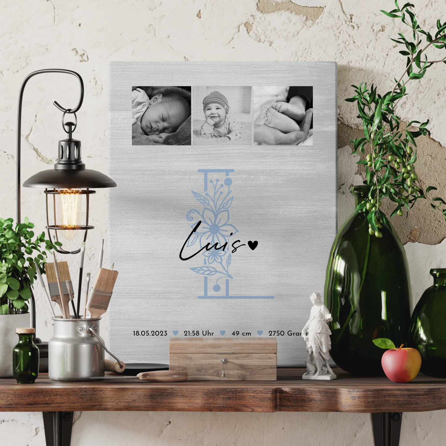 Personalisierte Leinwand zur Geburt Baby 9 Fotos Geburtsdaten Black White 3