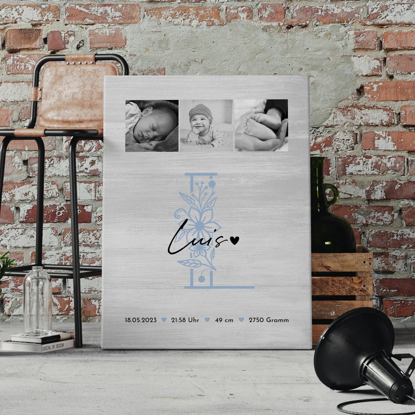 Personalisierte Leinwand zur Geburt Baby 9 Fotos Geburtsdaten Black White 4