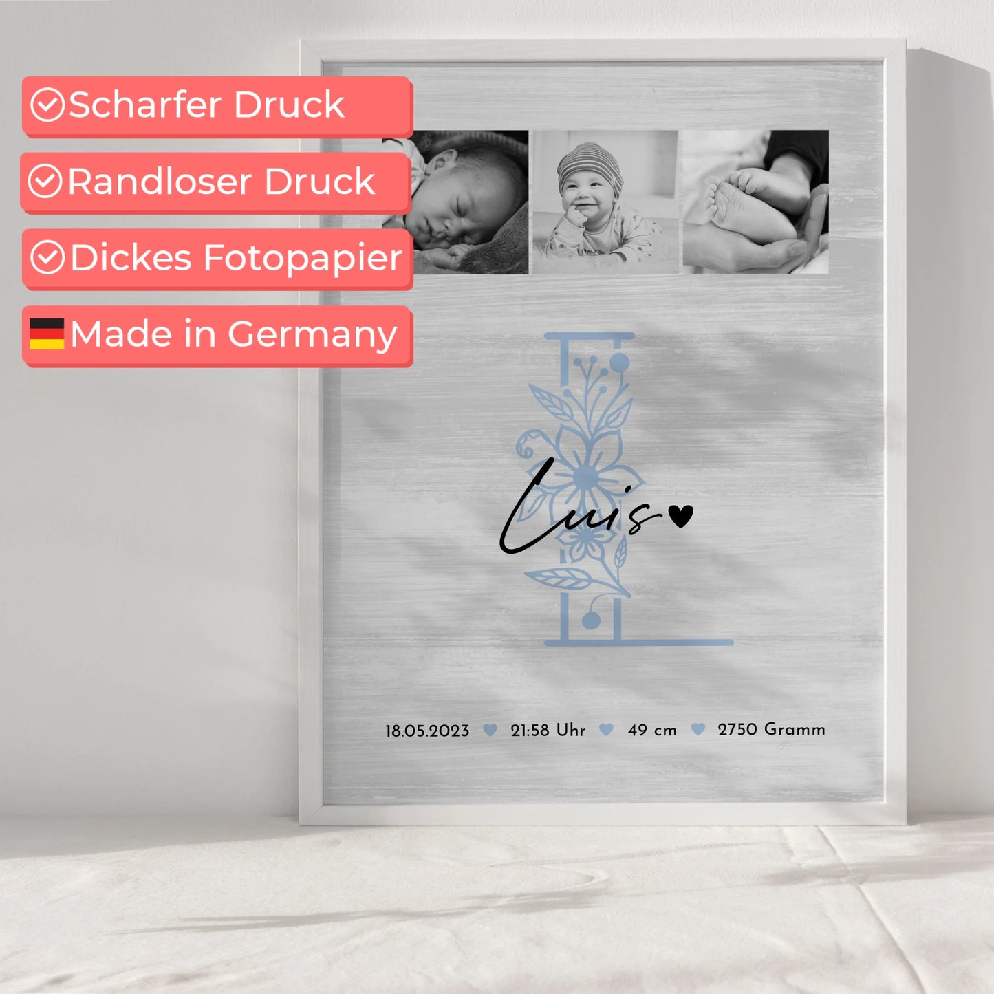 Geburtsdaten Poster Baby Black and White mit 9 Fotos und Geburtsdaten 6