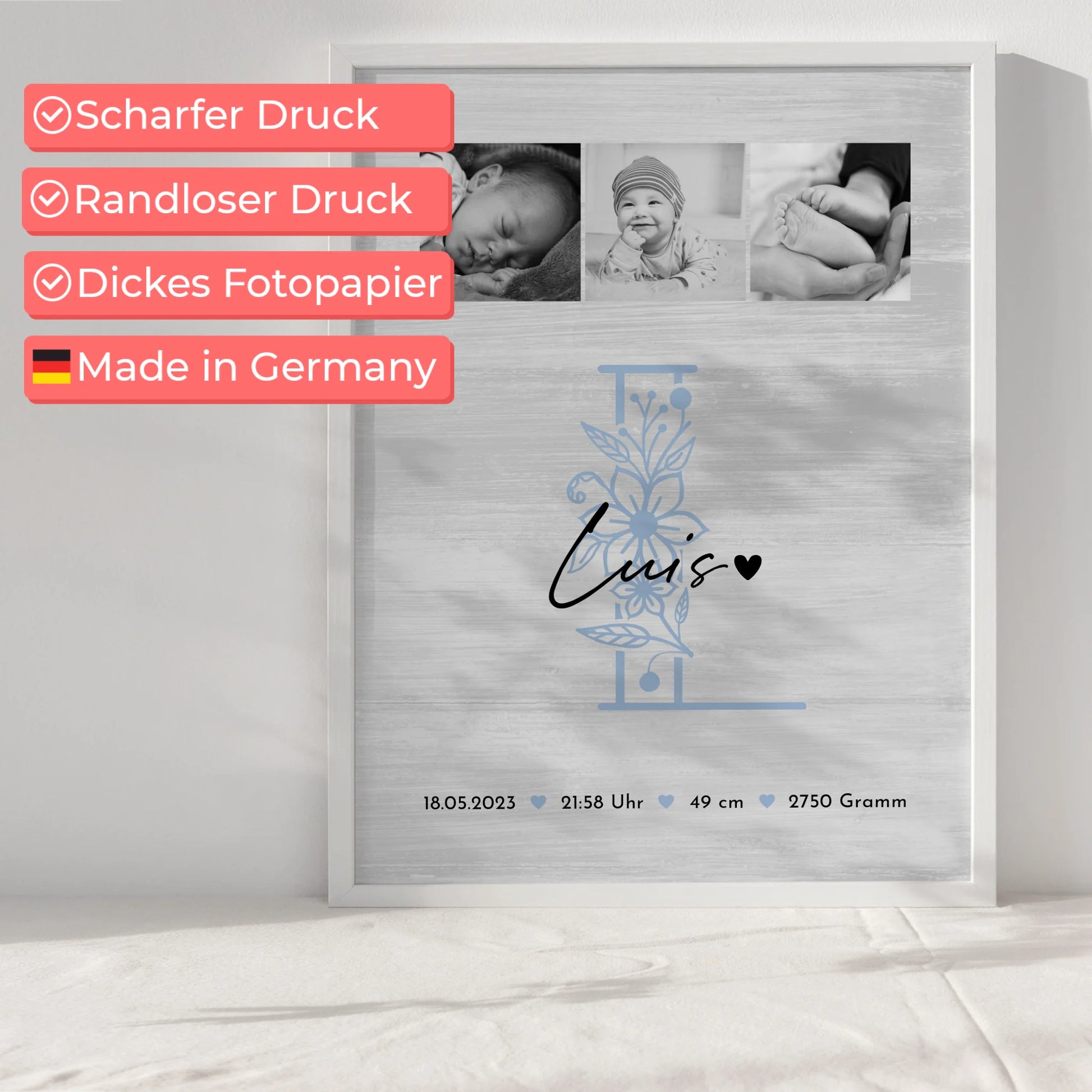Geburtsdaten Poster Baby Black and White mit 9 Fotos und Geburtsdaten 6