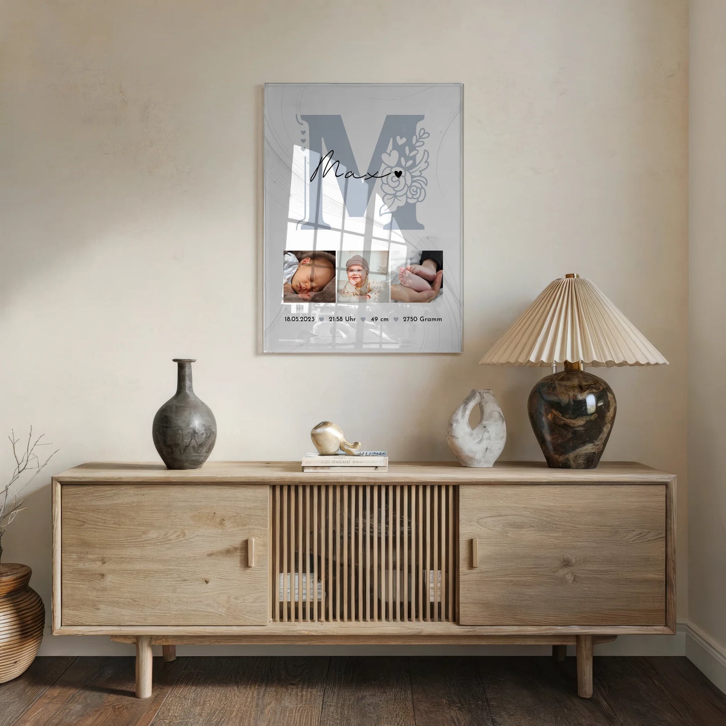 Foto Acrylglas zur Geburt Baby Fotocollage mit Geburtsdaten und elegantem Muster 5