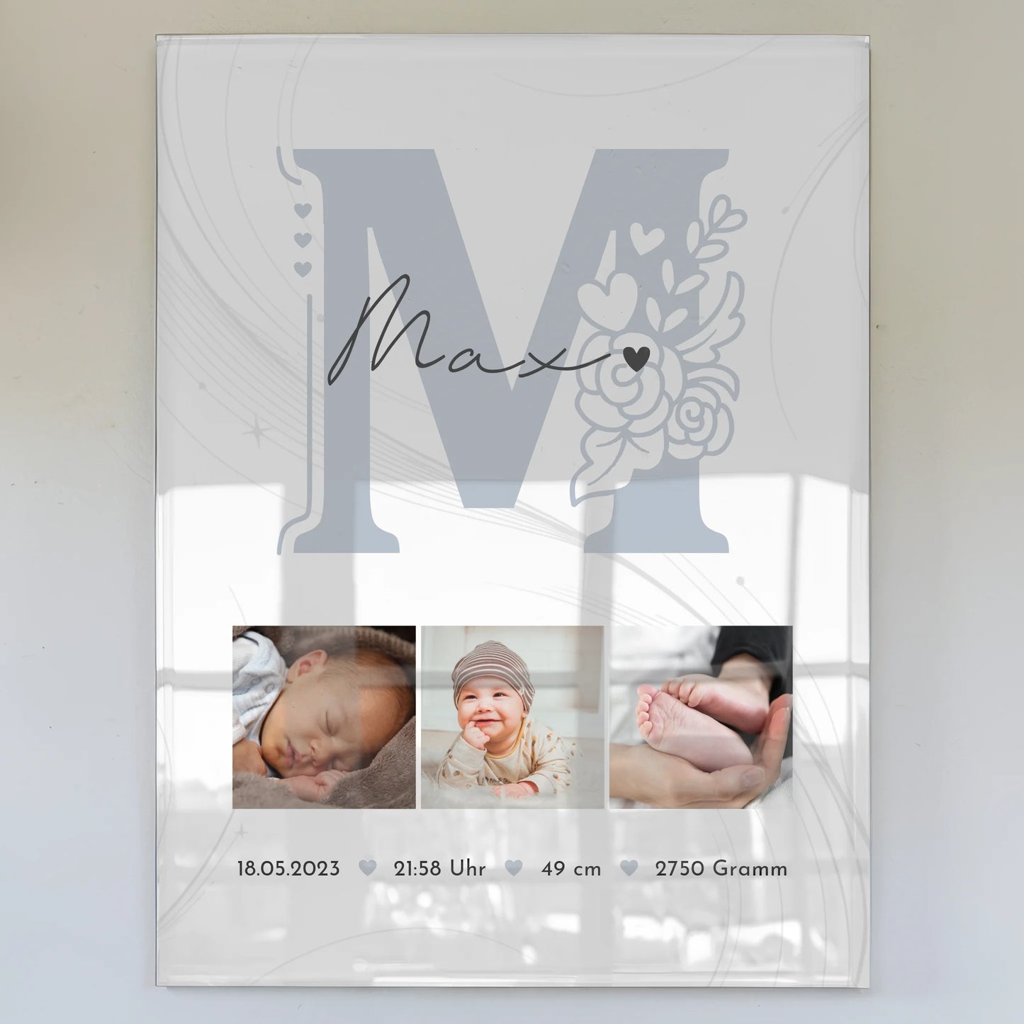 Foto Acrylglas zur Geburt Baby Fotocollage mit Geburtsdaten und elegantem Muster 1