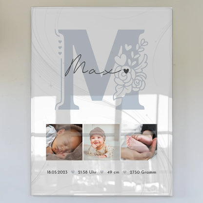 Foto Acrylglas zur Geburt Baby Fotocollage mit Geburtsdaten und elegantem Muster 1