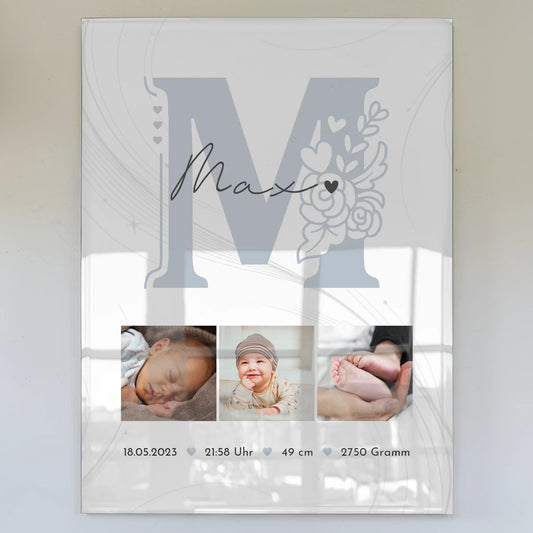 Foto Acrylglas zur Geburt Baby Fotocollage mit Geburtsdaten und elegantem Muster 1