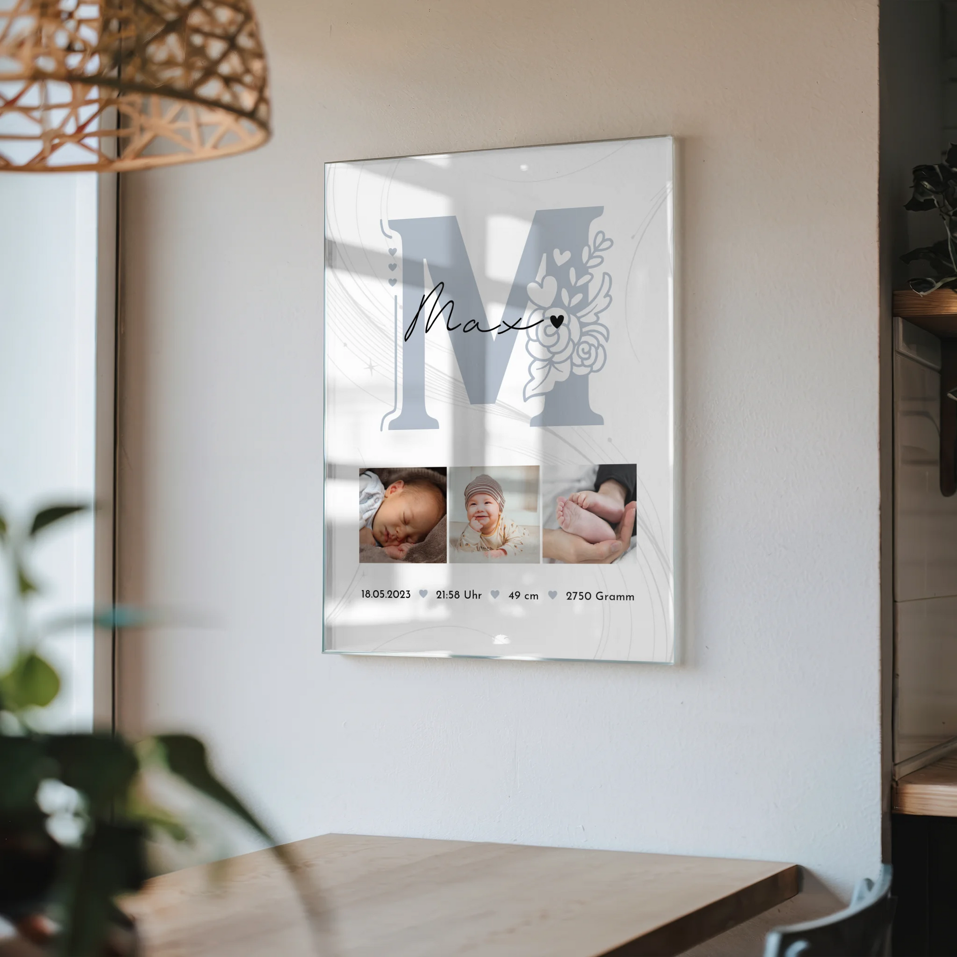 Foto Acrylglas zur Geburt Baby Fotocollage mit Geburtsdaten und elegantem Muster 4