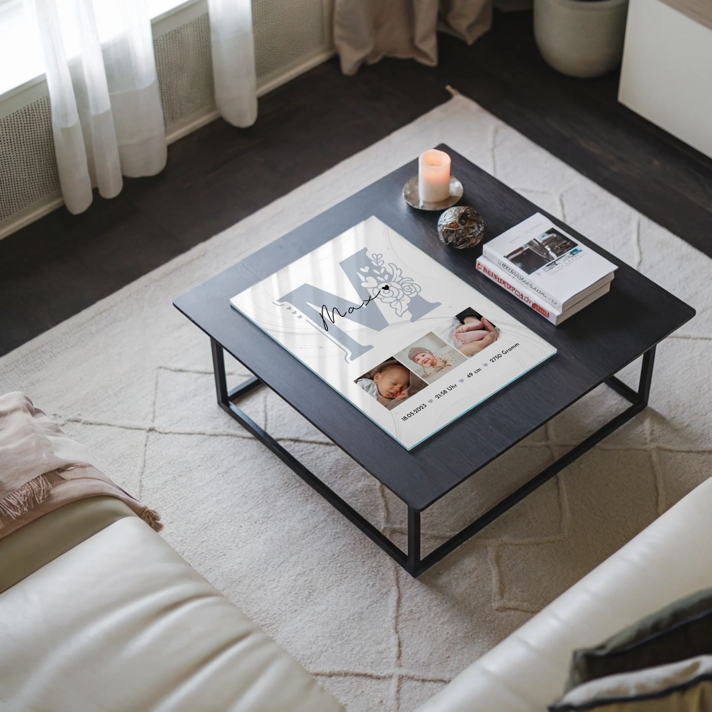 Foto Acrylglas zur Geburt Baby Fotocollage mit Geburtsdaten und elegantem Muster 3