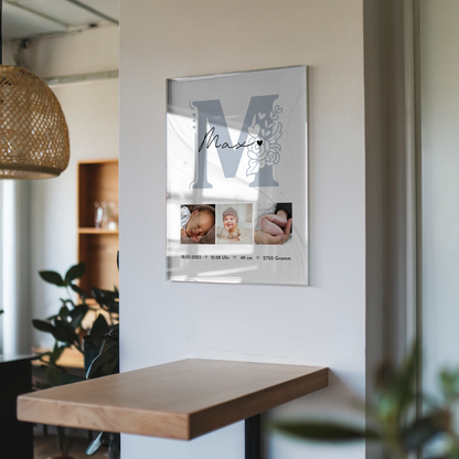 Foto Acrylglas zur Geburt Baby Fotocollage mit Geburtsdaten und elegantem Muster 6
