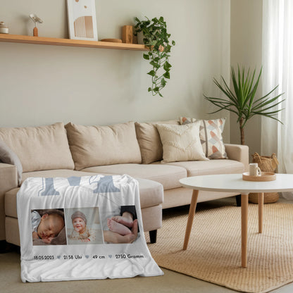 Krabbeldecke Mit Namen zur Geburt Baby Fotocollage mit Geburtsdaten Elegantes Muster 4