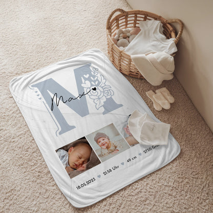 Krabbeldecke Mit Namen zur Geburt Baby Fotocollage mit Geburtsdaten Elegantes Muster 2