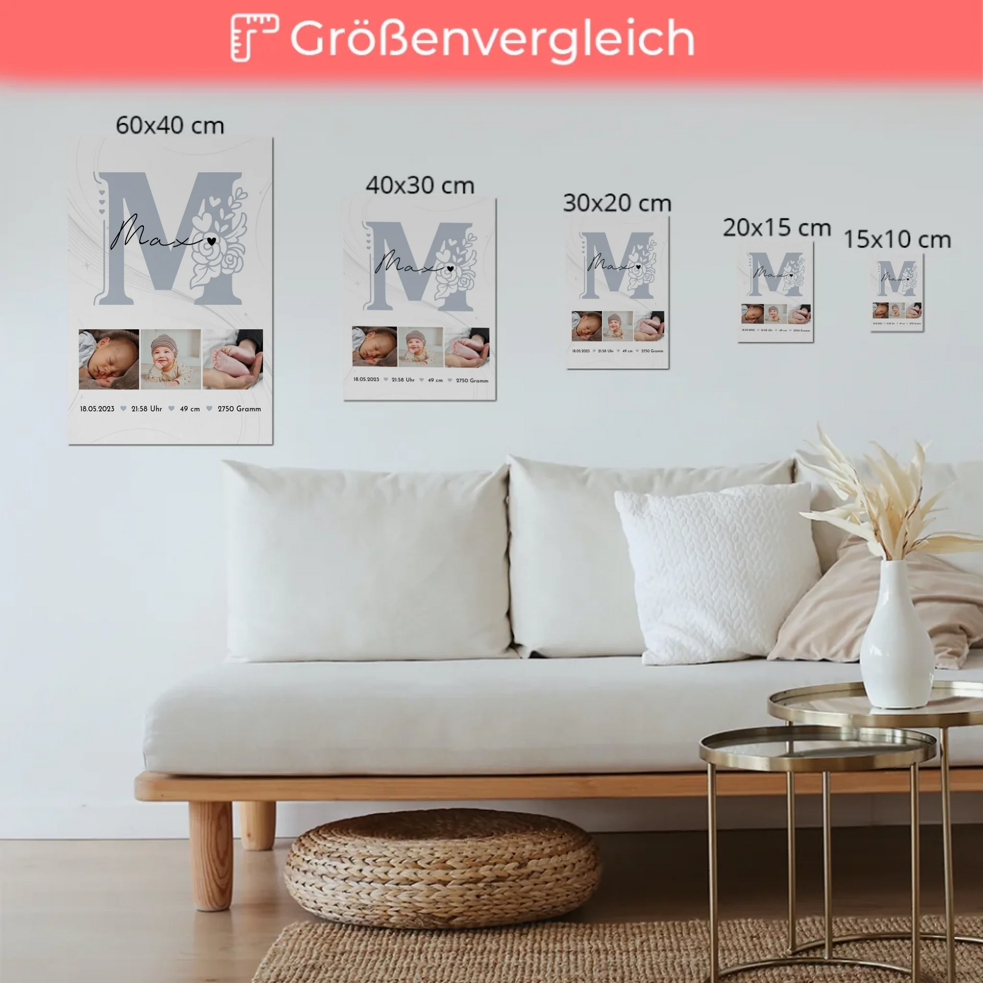 Fotoboard Poster Magnetisch zur Geburt Baby Fotocollage mit Geburtsdaten Elegantes Muster 6