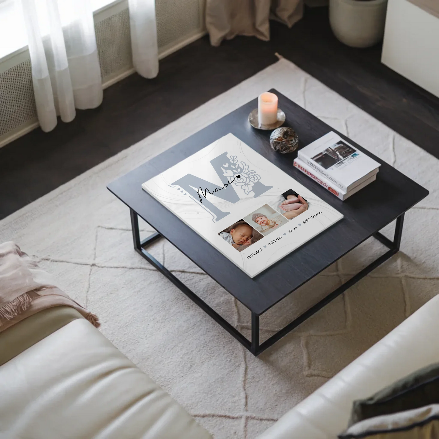 Fotoboard Poster Magnetisch zur Geburt Baby Fotocollage mit Geburtsdaten Elegantes Muster 9