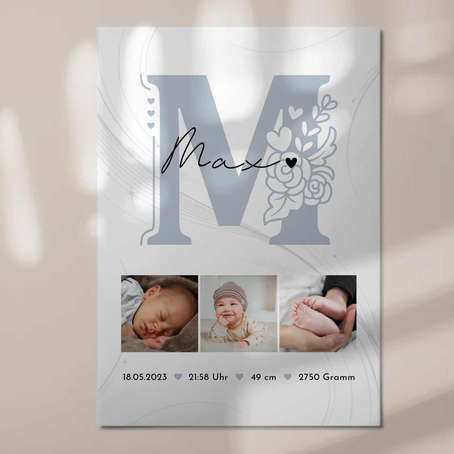 Fotoboard Poster Magnetisch zur Geburt Baby Fotocollage mit Geburtsdaten Elegantes Muster 7