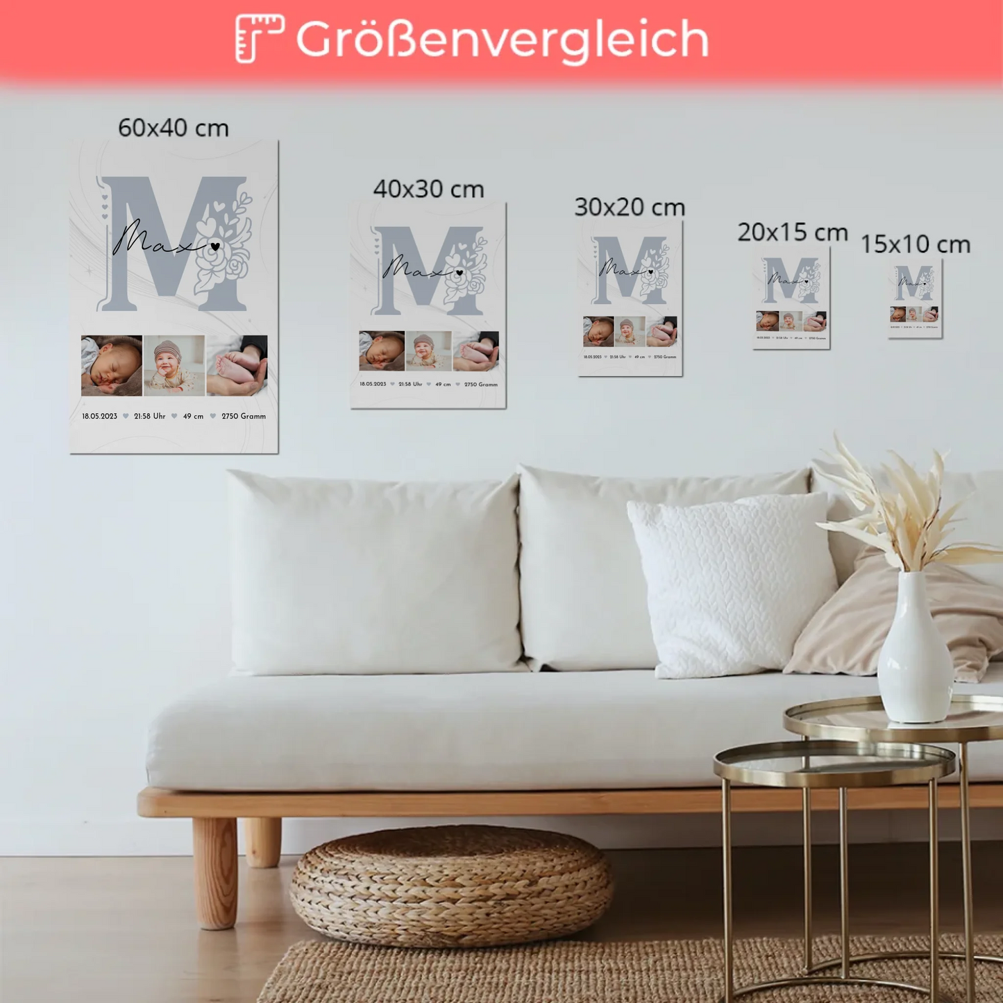 Fotoboard Poster Magnetisch zur Geburt Baby Fotocollage mit Geburtsdaten Elegantes Muster