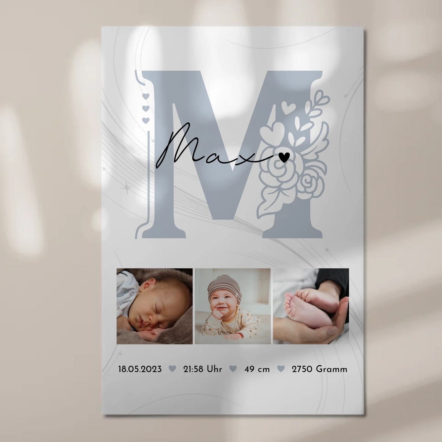 Fotoboard Poster Magnetisch zur Geburt Baby Fotocollage mit Geburtsdaten Elegantes Muster