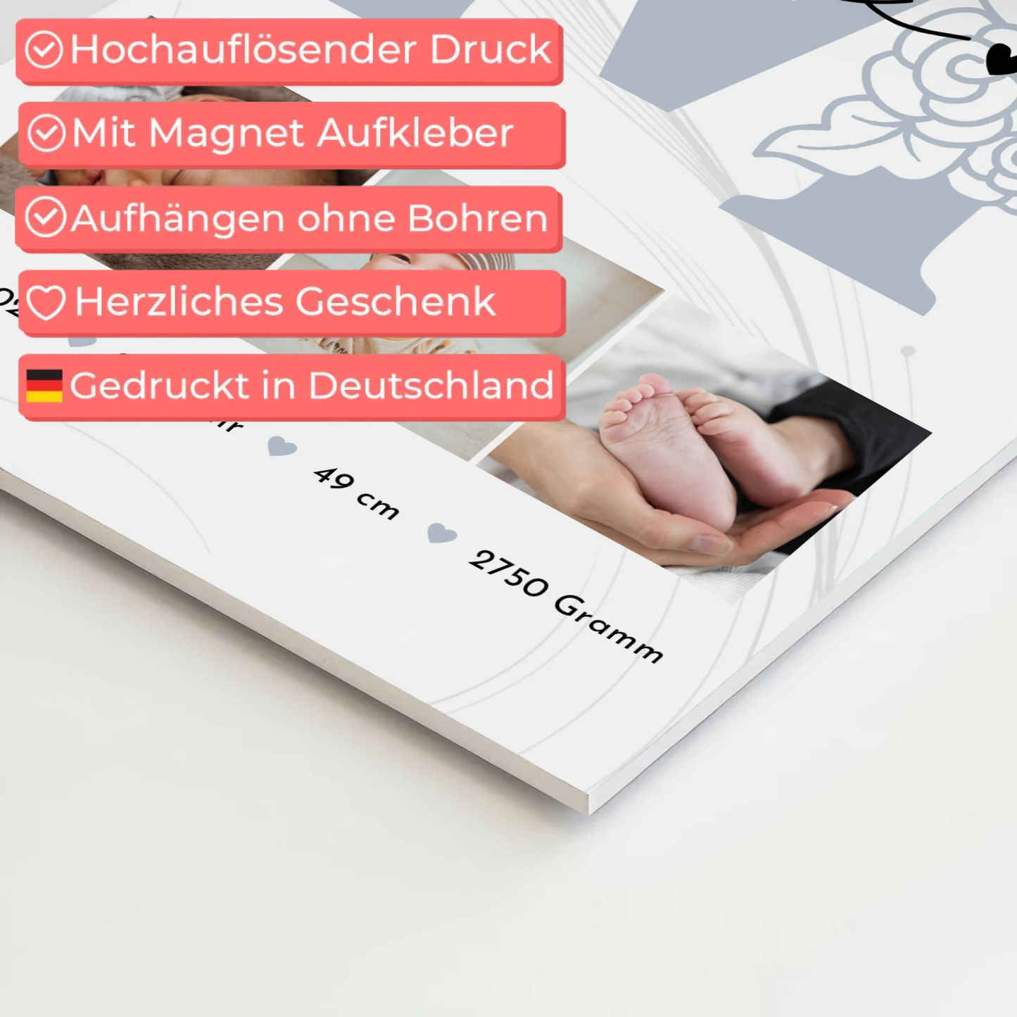 Fotoboard Poster Magnetisch zur Geburt Baby Fotocollage mit Geburtsdaten Elegantes Muster
