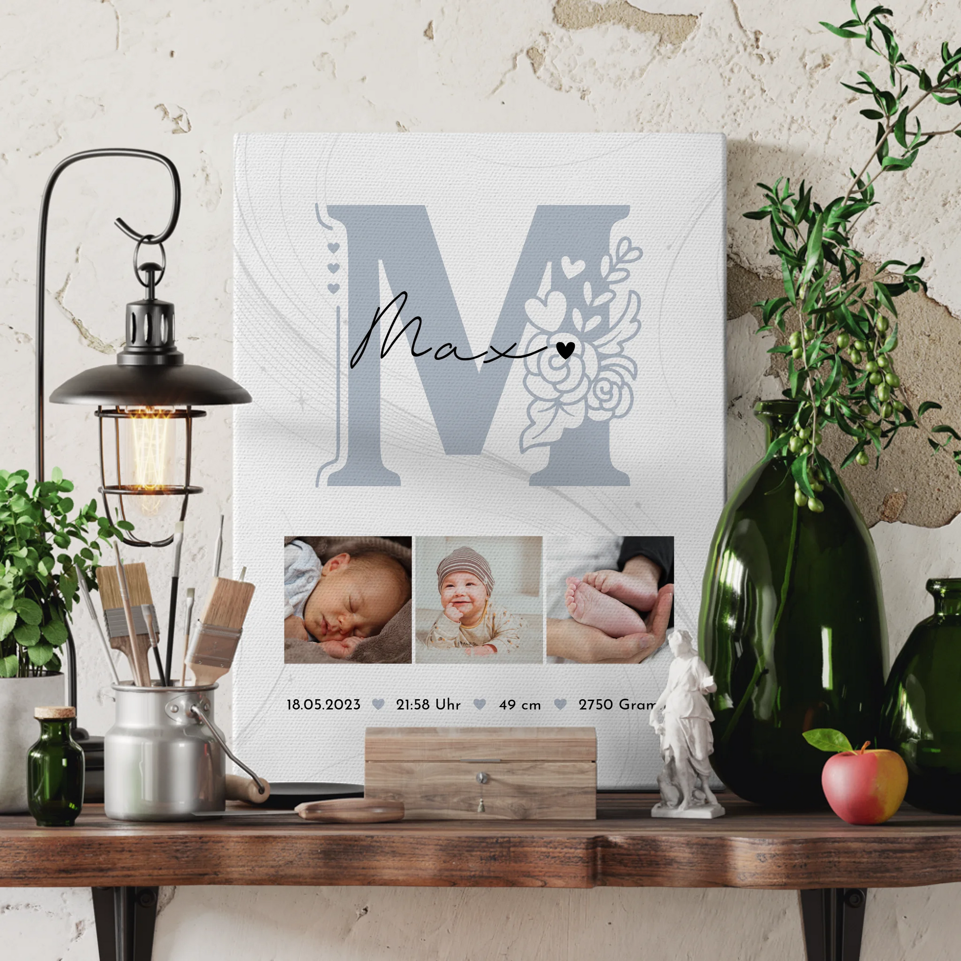 Wandbild Fotocollage zur Geburt Baby mit Geburtsdaten und elegantem Muster personalisiert 3