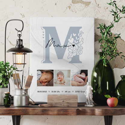 Wandbild Fotocollage zur Geburt Baby mit Geburtsdaten und elegantem Muster personalisiert 3