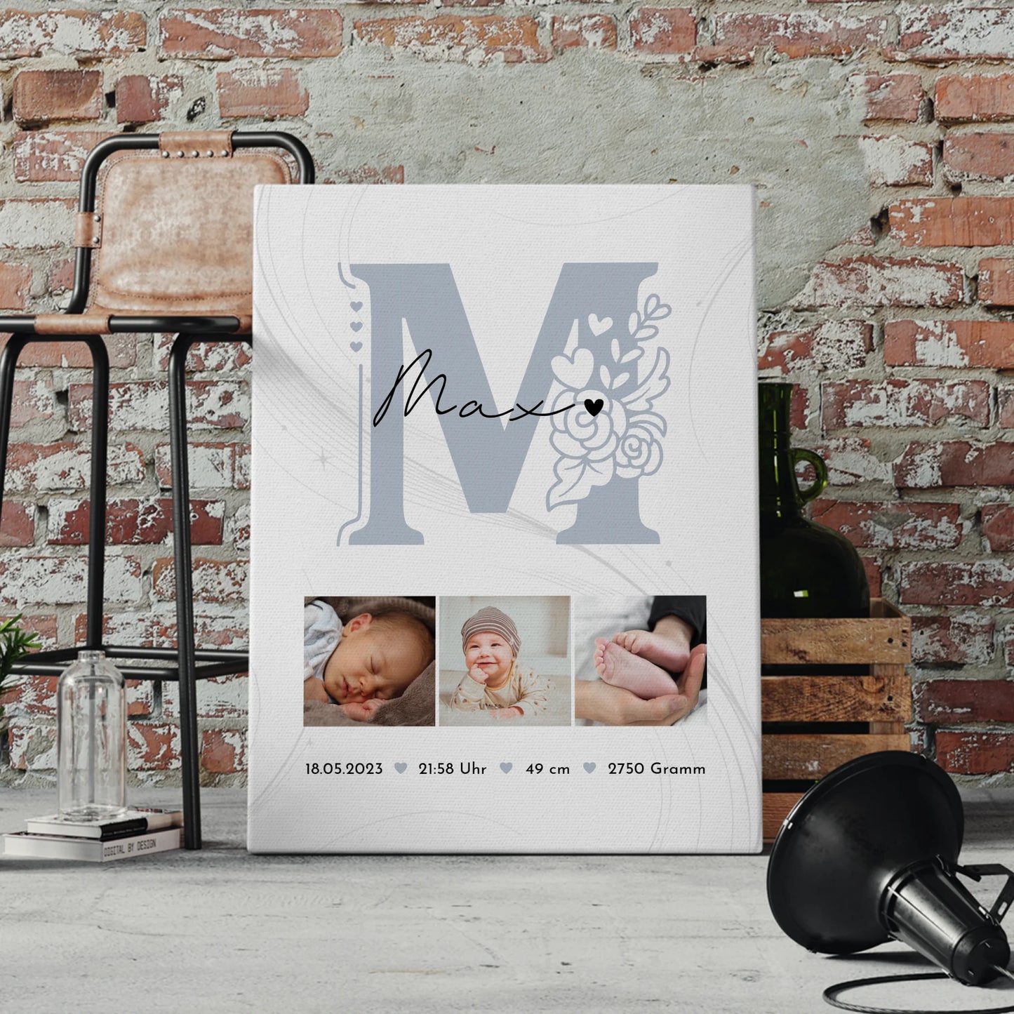 Wandbild Fotocollage zur Geburt Baby mit Geburtsdaten und elegantem Muster personalisiert 4