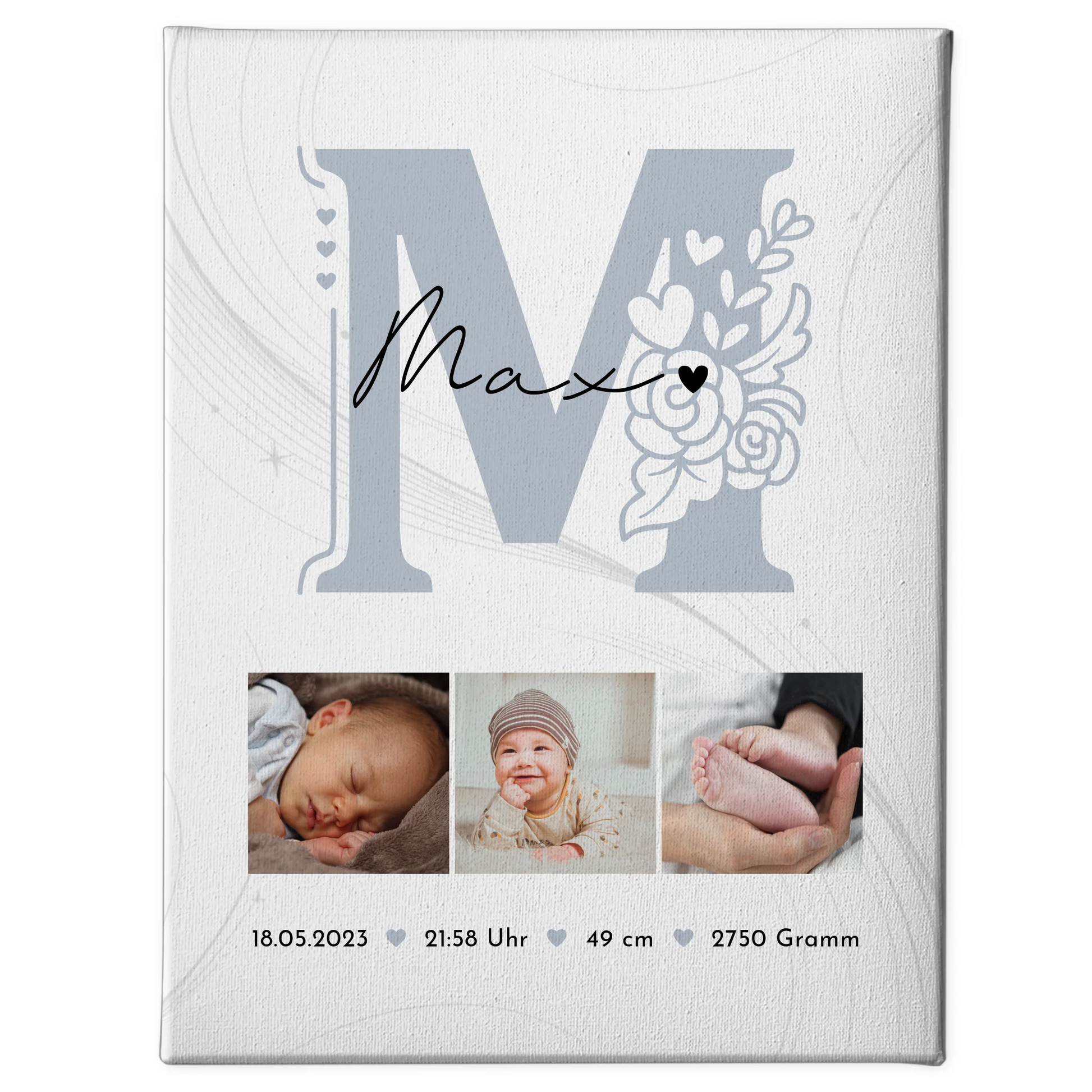Wandbild Fotocollage zur Geburt Baby mit Geburtsdaten und elegantem Muster personalisiert 1