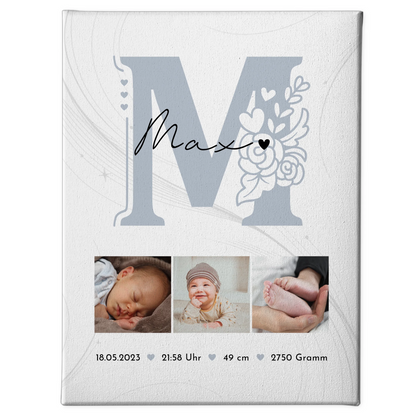 Wandbild Fotocollage zur Geburt Baby mit Geburtsdaten und elegantem Muster personalisiert 1
