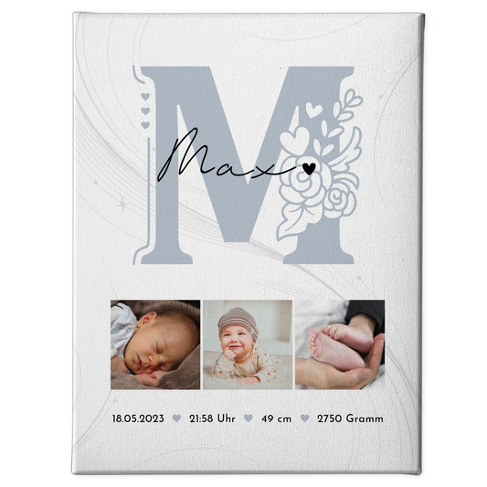 Wandbild Fotocollage zur Geburt Baby mit Geburtsdaten und elegantem Muster personalisiert 1
